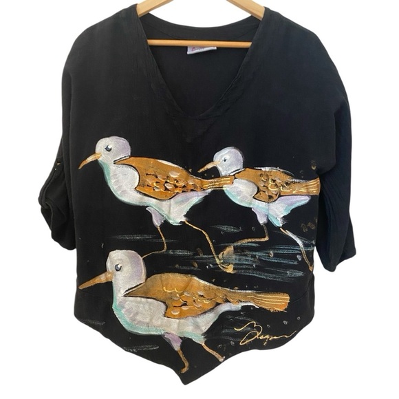 Cottonways Handpainted Sanderling Bird Print Cotton Gauze Blouse - Picture 1 of 8